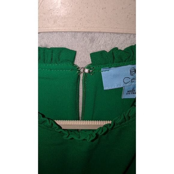 CeCe Ruffle Neck Short Sleeve Godet A-Line Dress‎ Women's 2 Lush Green Back Zip - Picture 3 of 10